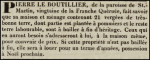 Pierre Le Boutillier advertised his 21-vergee St Martin farm for sale in 1830