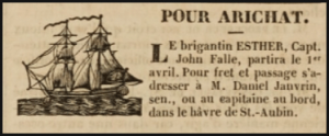 The departure of Capt John Falle's brigantine Esther for Arichat was announced in this 1833 advert in L'Impartial