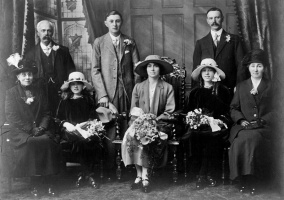 Wedding photograph of Edward John Vibert and Ada Mary Le Quesne, with Annie Vibert, Ernest Symons, ThomasSymons, Catherine Rann, Laura Greta Ahier and Freda Laura Ahier