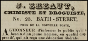 J Ereaut's pharmacy was at 23 Bath Street, near the new Post Office, in 1840 ...