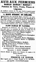 Barrels from Francis Le Sueur, advertised in Nouvelle Chronique in 1889