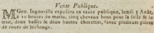George Ingouville advertised five horses for sale in Gazette de l'Ile de Jersey in 1805