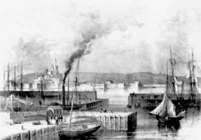 In this 19th century picture of St Helier Harbour a ship can just be seen under construction in the foreground on the left