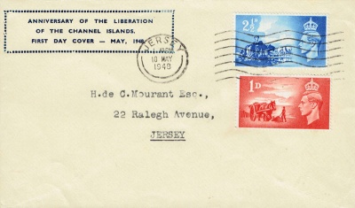 A first day cover sent to Mr H de C Mourant at Ralegh Avenue in 1948