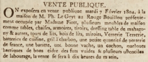 Furniture and household effects went on sale in February 1804 at the Rouge Bouillon house owned by Philippe Le Geyt and occupied by Mrs Fiott