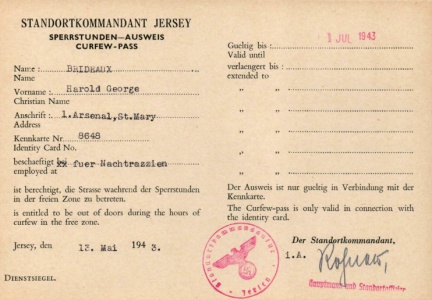 A curfew pass issued to Harold Brideaux during the Occupation as a member of the Honorary Police [1]