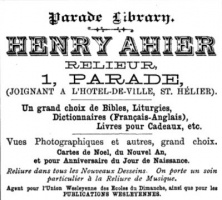 1887 advert from L'Almanach de la Gazette de Jersey for Henry Ahier's bookshop and bookbinding business in the Parade