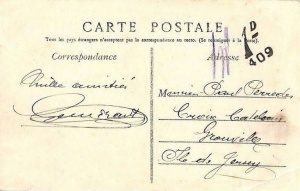 Another card, sent from France without a stamp, in 1907. The recipient was grower Gedeon Paul Perredes who was living with two servants at Croix Catelain at the time of the 1891 census, described as 'Master' rather than usual 'Head' of household. He married Jane Esther Mourant later that year and they had six children. Although all census entries show him as Gedeon P Perredes, he appears to have been known as Paul to family and friends