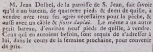 Jean Dolbel, of St John, advertised a 14-foot boat for sale in Gazette de l'Ile de Jersey in 1799