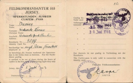 A curfew pass issued to Frederick Davis during the Occupation as a member of the Honorary Police