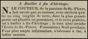 Nicolas Le Couteur, of St Peter, advertised his house and apple orchard near the parish school for sale in Chronique de Jersey in 1840