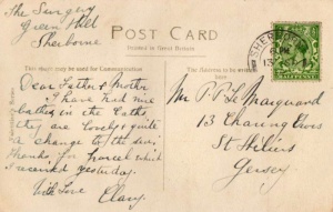 A postcard to Mr and Mrs P Le Marquand of Charing Cross from their son Clary
