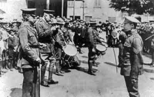 Sgt J R F W Penny of the 2nd Battalion Lancashire Fusiliers receives the Distinguished Conduct Medal from the Lieut-Governor, Maj-General Sir Alexander Nelson Rochfort, in the Royal Square in 1916