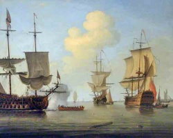 Shipping scene with a laden man o' war; Peter Monamy