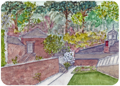 Watercolour paintings by W G M Dixon, showing the rose garden, the phlox garden retaining wall, the grange and, ahead, the west wall of the rose garden, with its height reduced by two-thirds, by `artist`s license,` in order to show the head gardener`s laundry roof and chimney, the stables and belfry. The rose garden is now a swimming pool