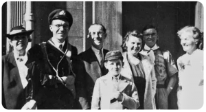 The Le Cocq family outside their pub, the Exeter Hotel, after the Liberation in 1945