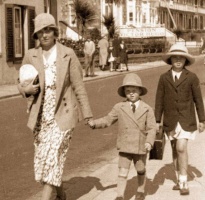 Sybil Annie Falle, nee Fossey (1905-1967) with her children Jean Pierre Vernon (1927- ) and Colleen (1925- ) at Havre des Pas