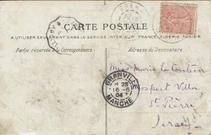 Postcard sent to Miss Marie Le Couteur at Prospect Villa, St Peter, in 1904. Born in St Peter in 1895, Marie became a schoolteacher. She was living with her mother Emelie Marguerite, nee Syvret at Prospect Villa in 1911, and her younger brother William. There is no mention of her father George in the census return, but her mother is shown as married for 18 years. The 1901 census showed George (1869- ) as a 'baker's breadmaker', with his mother Mary Ann, also in the household, together with Marie and younger brothers George Philip and Alfred William