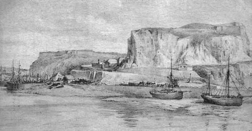 An early view of St Helier Harbour when there was only a single jetty below South Hill, clearly with insufficient room to accommodate all the vessels wanting to use it. Fort Regent has already been built.