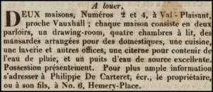 Philippe de Carteret advertised Nos 2 and 4 Val Plaisant for sale in Chronique de Jersey in 1830