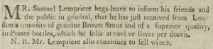 Wine and spirit dealer Samuel Lempriere advertised brown stout from London in ‘’Gazette de l’Ile de Jersey’’ in 1803