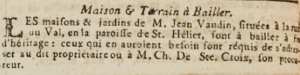 Jean Vaudin advertised the sale of his house in Rue du Val, St Helier, in 1808