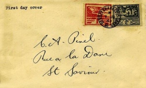 A first day cover letter sent in 1943 to C A Pinel at Rue a la Dame. This was Charles Pinel (1893- ) He was living at Meadowlands, Rue a La Dame, during the Occupation with his son Charles Louis Cyril (1930- ) and daughter Iris Florence (1929- ). He was in the Royal Navy during the Great War.