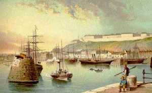 A paddle steamer about to leave the harbour