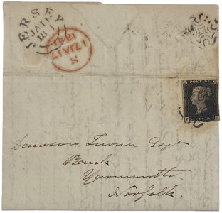 Penny Black on a letter sent from Jersey in 1841