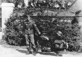 Heinz Fischerman with a requisitioned motor cycle at Bras de Fer, Trinity
