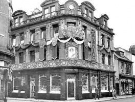 The offices of the Evening Post decorated to celebrate the Coronation of Queen Elizabeth II in 1953