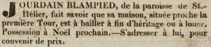 Jourdain Blampied advertised his house at First Tower for sale in Chronique de Jersey in 1824