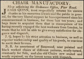 After ten years in business, James Quinn sold chairs and other furniture at his Pier Road shop in 1829. He advertised in The Loyalist that he was manufacturing chairs