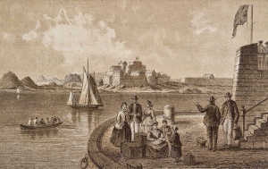 An 1875 print of a view of the Castle from St Helier Harbour ...