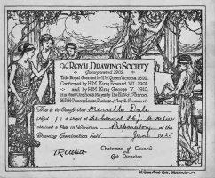 Marcelle Dale's certificate from the Royal Drawing Society. A pupil of Convent FCJ, she was awarded certificates at the age of 8 and 9, and also had certificates from the Royal Academy of Music and Jersey Eisteddfod for pianoforte