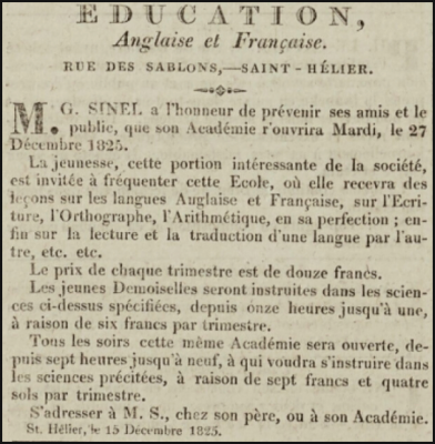 1825 advert for George Sinel's bilingual school, with fees