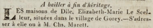 Houses belonging to Elizabeth Marie Le Scelleur, in Gorey, were advertised for sale in Chronique de Jersey in 1824