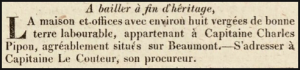 Capt Charles Pipon advertised the sale of his house and eight vergees of land at Beaumont in 1825