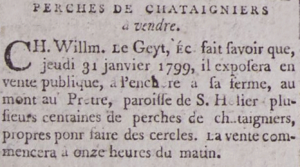 Charles William Le Geyt advertised the sale of chestnut trees at his Mont au Pretre farm in Gazette de l'Ile de Jersey in 1799