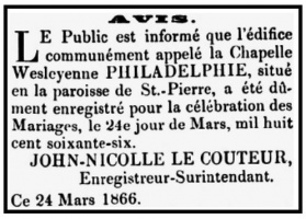 1866 advertisement in the Chronique de Jersey announcing that Philadelphie Chapel had been approved to conduct weddings