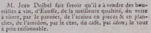 Jean Dolbel advertised best quality Scottish wine bottles in Gazette de l'Ile de Jersey in 1799