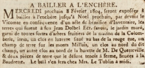 Land belonging to the late Jean Dolbel was sold before the Viscount on 8 February 1804