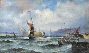 St Helier Harbour with boats and people; Charles Thornley