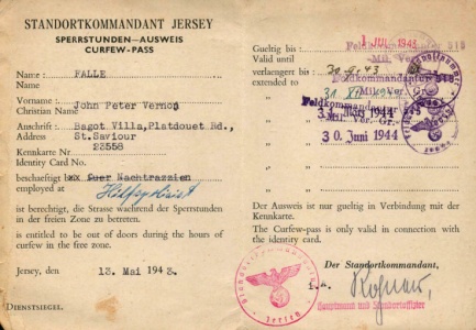 A curfew pass issued to John Peter Vernon Falle during the Occupation as a member of the Honorary Police [1]