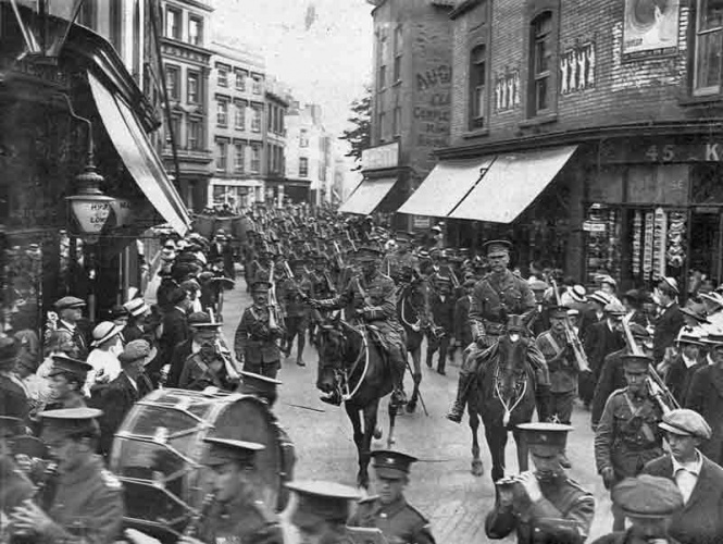 3 Battalion march through St Helier after their annual camp in 1914