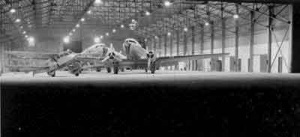 One of the hangars at night in 1951