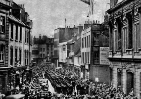 British troops march through York Street in a Liberation celebration