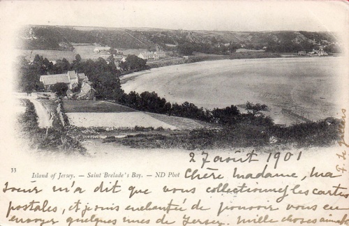 27 August 1901 - St Brelade's Bay, with the message indicating that this was the first card sent by F Le Galais
