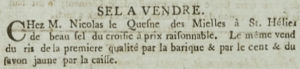 Nicolas Le Quesne advertised salt and rice for sale in ‘’Gazette de l’Ile de Jersey’’ in 1803