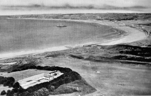 An aerial view with La Moye Golf Club in the foreground